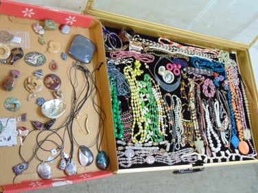 Large lot costume jewelry including stone necklaces, bracelets, cuffs, various stone and sea shell p