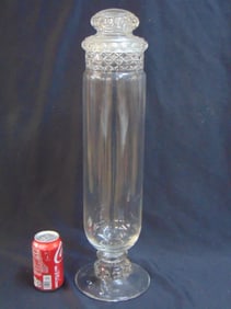 Large vintage glass candy or apothecary jar with lid, 23.75" tall, few small chips on the rim of the