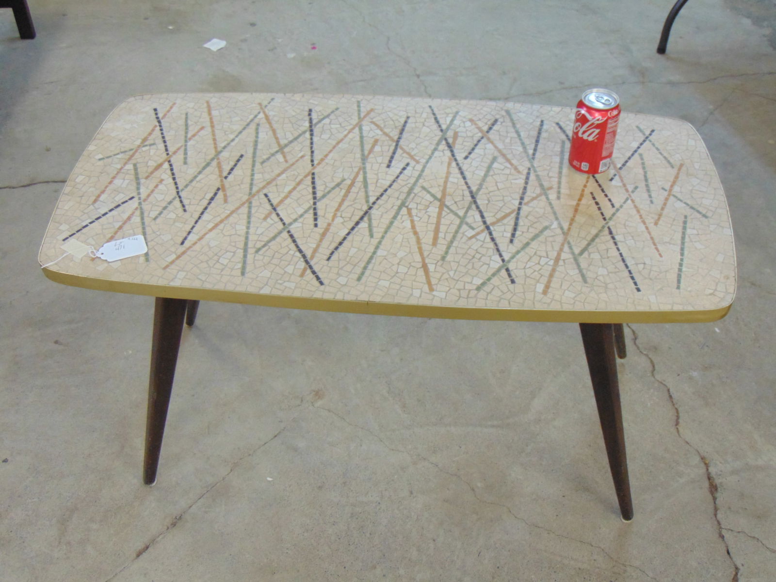 Mid Century mosaic tile top table, wood legs brass trim, table is 39.75" by 19.75", height is 22.5": Mid Century mosaic tile top table, wood legs brass trim, table is 39.75" by 19.75", height is 22.5"