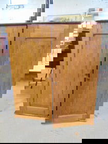 Small oak double door country cabinet, cabinet is 35.5" by 9.5", height is 40.5", spring hinges, rai