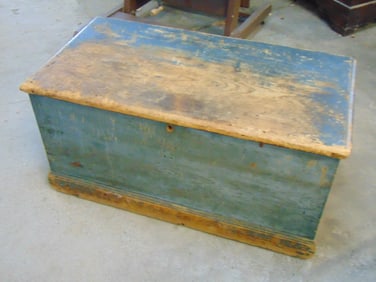 Antique pine blanket box in old blue paint, chest is 37" by 19.5", height is 18.5", missing piece of
