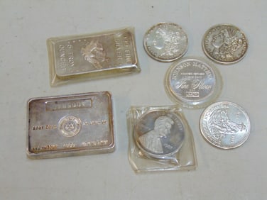 20 troy 999 fine silver 5 commemorative coins, 10 oz ingot & 5 oz ingot, 20 troy total