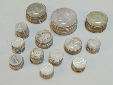 Silver currency, $22.95 face value, at 90%, $3.50 at 40%, included dollars, dimes, quarters
