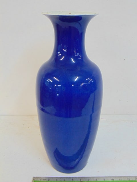 Large Chinese porcelain vase in blue, white interior, good condition, no cracks, chips, old paper: Large Chinese porcelain vase in blue, white interior, good condition, no cracks, chips, old paper label on bottom, vase is 20" tall