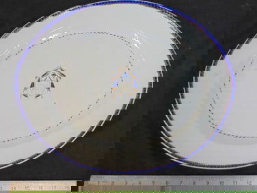 Chinese export porcelain oval charger with blue trim, armorial center, 14.75" by 17 3/8", no chips,