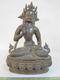 Thai bronze seated Buddha figure on base, 17 3/8" tall, 11" wide, depth is 8", writing on back of