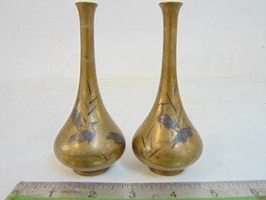 Pair Japanese mixed metal miniature vases, decorated with birds, cranes, 4 7/8" tall