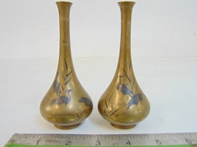 Pair Japanese mixed metal miniature vases, decorated with birds, cranes, 4 7/8" tall: Pair Japanese mixed metal miniature vases, decorated with birds, cranes, 4 7/8" tall