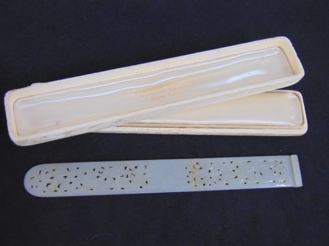 Chinese carved Jade letter opener in Theodore Starr case, as is, repairs, 8.25" long.: Chinese carved Jade letter opener in Theodore Starr case, as is, repairs, 8.25" long.