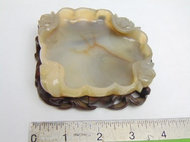 Carved Jade calligraphy brush bowl, floral carved corners, on original carved wood base, excellent