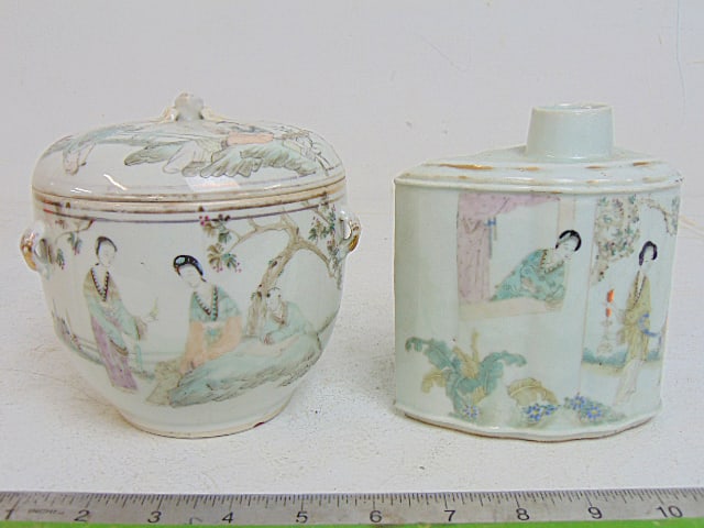 Chinese porcelain bottle & lidded bowl, bottle decorated with various figures, bowl decorated with: Chinese porcelain bottle & lidded bowl, bottle decorated with various figures, bowl decorated with figures & calligraphy, has loops on sides, bowl is 5 38" in diameter, height is 4.25", bottle is 5.5"