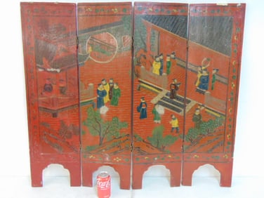 Small Chinese lacquer screen, double sides, decorated with figures, temple scenes, birds on reverse,