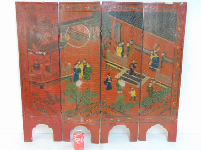Small Chinese lacquer screen, double sides, decorated with figures, temple scenes, birds on reverse,: Small Chinese lacquer screen, double sides, decorated with figures, temple scenes, birds on reverse, 4 panel, has damage, loss, as is condition, each panel is 36" by 10"