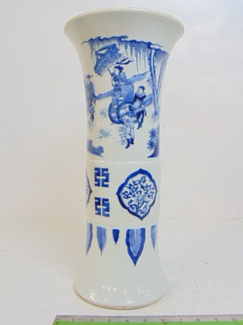 Chinese blue & white porcelain vase, showing a farmer with cow, figure in carriage, vase is 17.25": Chinese blue & white porcelain vase, showing a farmer with cow, figure in carriage, vase is 17.25" tall, opening is 7.75"