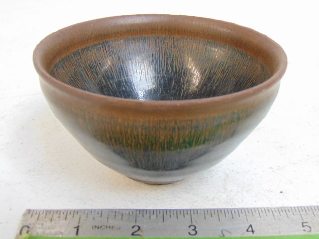 Small Chinese “rabbit’s hair” tea bowl, brown / black drip glaze,: Small Chinese “rabbit’s hair” ceramic tea bowl, brown / black drip glaze, 4 5/8" in diameter, height is 2.75", good condition.