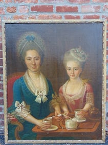 Painting, 2 elegantly dressed ladies seated by tea table, 19th Century, unsigned, oil on canvas, 40"