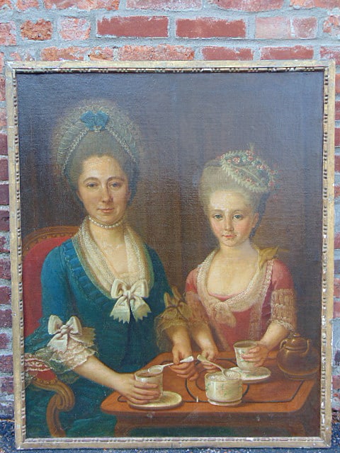 Painting, 2 elegantly dressed ladies seated by tea table, 19th Century, unsigned, oil on canvas, 40": Painting, 2 elegantly dressed ladies seated by tea table, 19th Century, unsigned, oil on canvas, 40" by 33" total size.