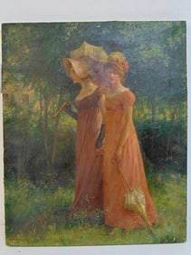 Painting, two ladies walking in woods, signed Brownscombe (Jennie Augusta), oil on canvas, two