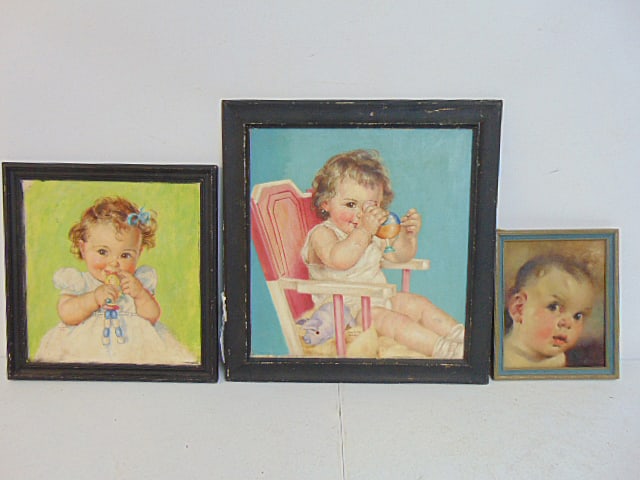 3 paintings, illustrations, toddler scenes, two by Charlotte Becker, one signed F. Kroger,: 3 paintings, illustrations, toddler scenes, two by Charlotte Becker, one signed F. Kroger, illustration girl holding a doll, 16" by 15.5", on board, signed Charlotte Becker, toddler in chair holding t