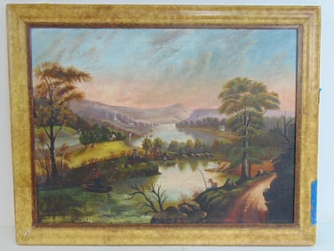 Painting, primitive river landscape, unsigned, oil on canvas, sprawling landscape with river,
