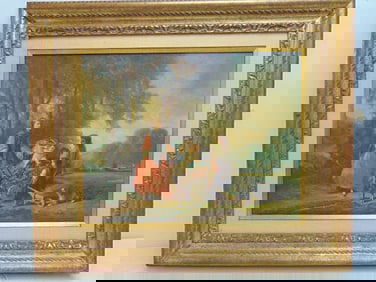 Painting, genre scene, figures in landscape, signed Compte Calix ( François Claudius), woman with