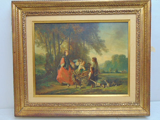 Painting, genre scene, figures in landscape, signed Compte Calix ( François Claudius), woman with: Painting, genre scene, figures in landscape, signed Compte Calix ( François Claudius), woman with children at goat cart in woods, oil on panel, 12 5/8" by 16 1/8", framed size is 19.75" by 23.25"