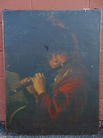 Painting, old master, The Flute Player, early oil on canvas, unsigned, appears 18th Century,
