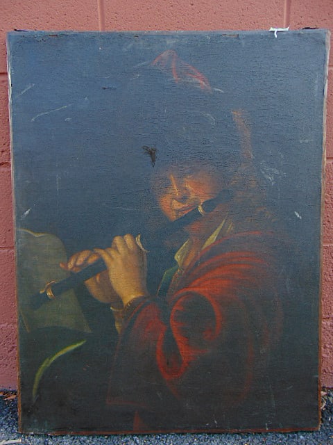 Painting, old master, The Flute Player, early oil on canvas, unsigned, appears 18th Century,: Painting, old master, The Flute Player, early oil on canvas, unsigned, appears 18th Century, possibly older, canvas is 36" by 27.75"