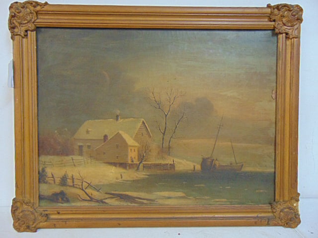 Painting, winter scene, signed G.C. 1855, showing figure by two small boats with snow covered house,: Painting, winter scene, signed G.C. 1855, showing figure by two small boats with snow covered house, oil on canvas, canvas is 18" by 24", framed size is 21.25" by 27.25"