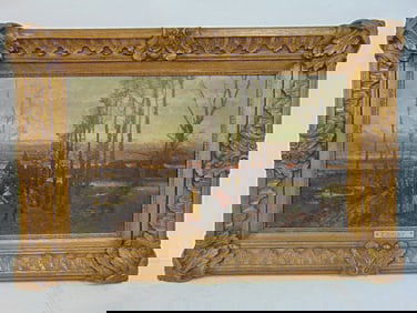 Painting, courting scene with carriage in landscape, E. Benger (William Edmund), oil on panel,