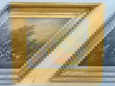 Painting, hunting party with dogs, unsigned, oil on canvas (relined), canvas is 20" by 24", framed