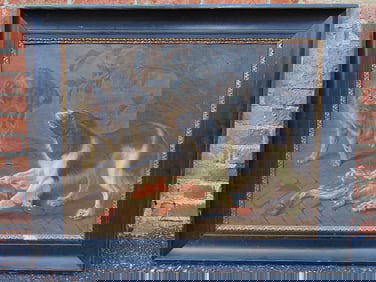 Painting, cat & dog, unsigned, oil on canvas, in ebonized frame, 19th Century, showing hissing cat