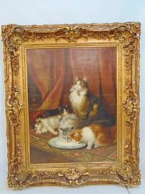 Painting, cat with kittens drinking milk, signed Le Floy (? see images for signature), oil on canvas