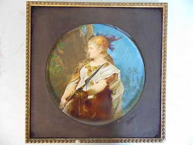 Framed porcelain charger, "Die Walkure", H. Makart, woman with spear, honeycomb mark, diameter plate