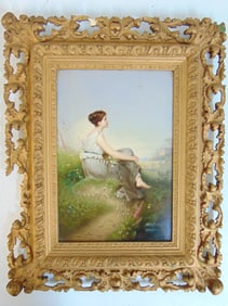 K.P.M. porcelain plaque, lady seated in landscape, "Dickerman ?" written on reverse, porcelain in