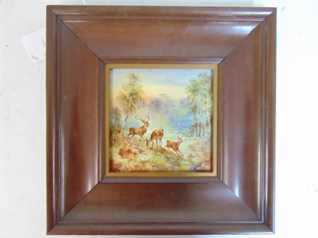 Porcelain plaque, deer in landscape, signed J.H. Plant, in original (sealed) frame, 5.75" by 5.75": Porcelain plaque, deer in landscape, signed J.H. Plant, in original (sealed) frame, 5.75" by 5.75" (sight), framed size is 12.5" by 12.5"