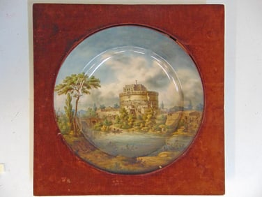 Large framed porcelain paint decorated charger or deep plate, showing an Italian landscape with