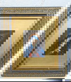 Painting on parchment, Madonna, excellent quality, 4.75" by 3 7/8", back of frame marked M. Knoedler