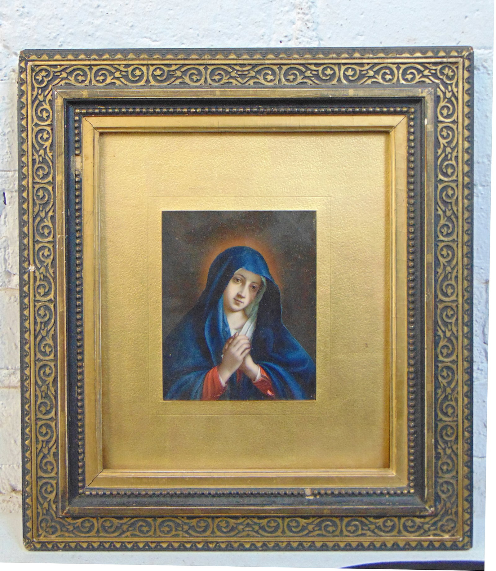 Painting on parchment, Madonna, excellent quality, 4.75" by 3 7/8", back of frame marked M. Knoedler: Painting on parchment, Madonna, excellent quality, 4.75" by 3 7/8", back of frame marked M. Knoedler & Co, 170 Fifth Ave.
