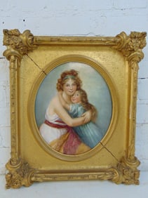 Porcelain plaque, mother & child, signed Louise Davies 1918, in gilt frame, marked on back "P.P. L."