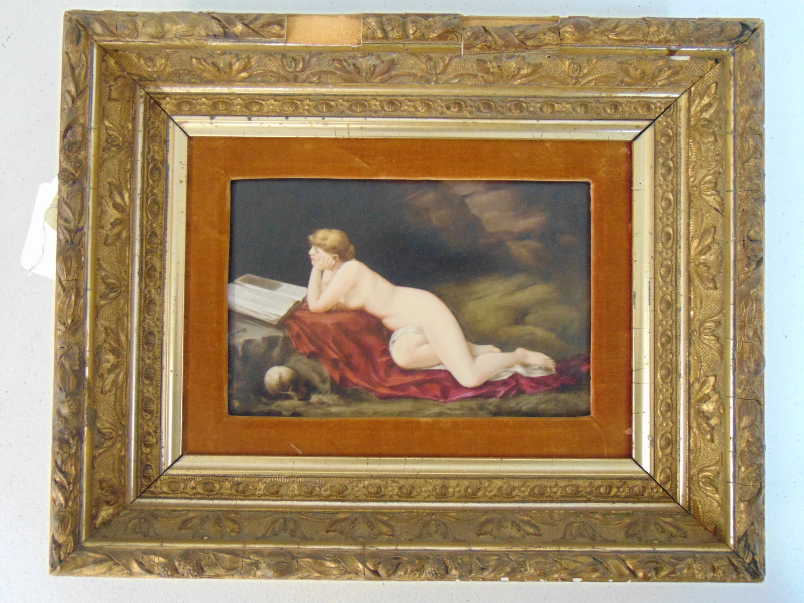 KPM porcelain plaque, nude reading, in good condition, no cracks, hairlines, chips, 6.25" by 9.25",: KPM porcelain plaque, nude reading, in good condition, no cracks, hairlines, chips, 6.25" by 9.25", framed size is 12" by 15"