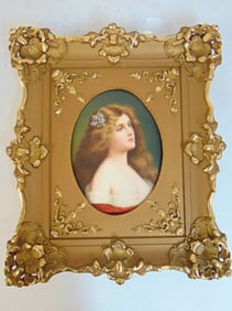K.P.M. porcelain plaque, portrait of a lady with flowers in hair, "Anmuth" Asti on reverse (Angelo
