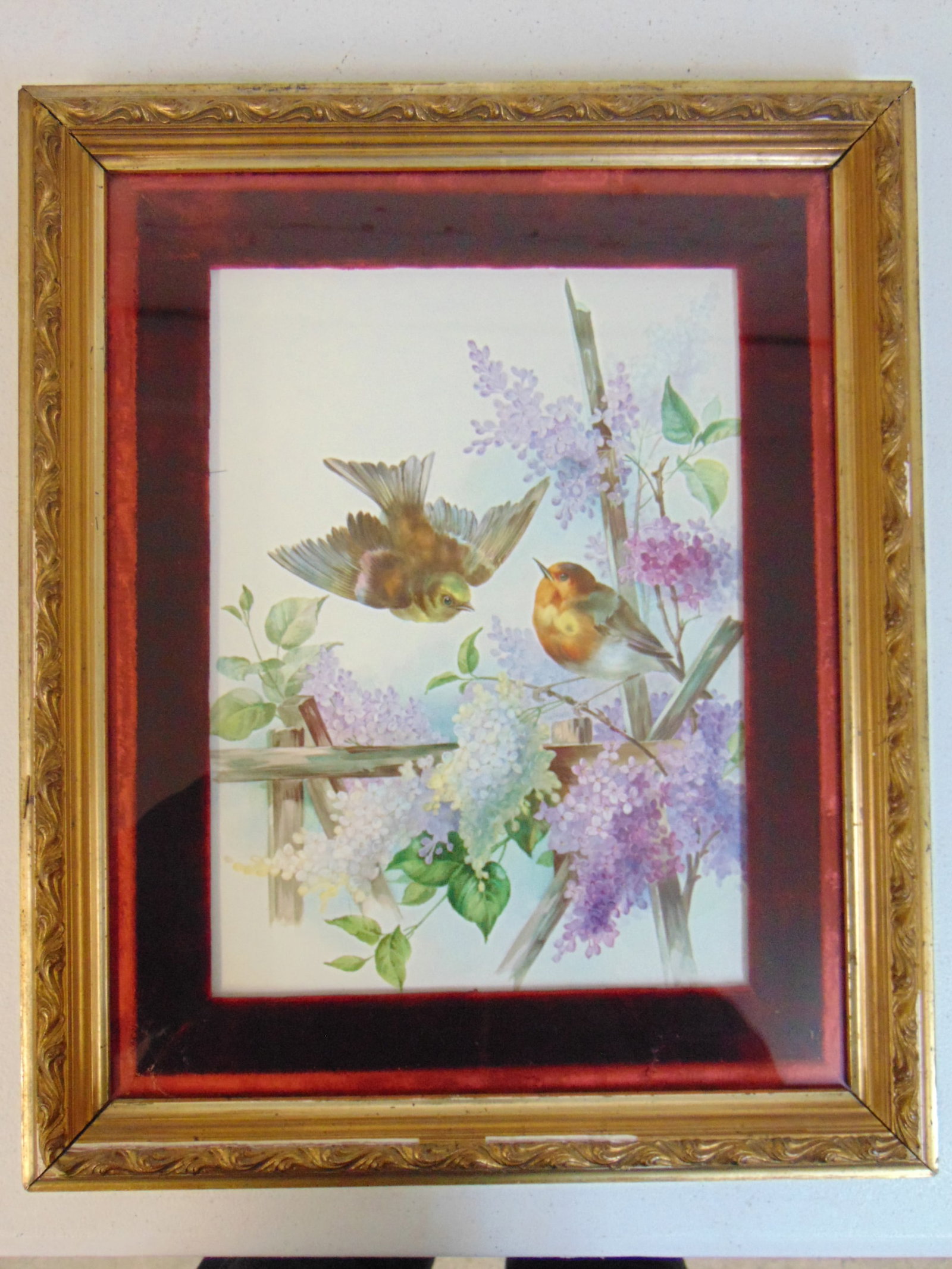 Porcelain plaque, 2 birds on lilac branches, unmarked, porcelain is 12" by 9" in good condition, no: Porcelain plaque, 2 birds on lilac branches, unmarked, porcelain is 12" by 9" in good condition, no cracks, hairlines, framed size is 16 7/8" by 13 7/8".