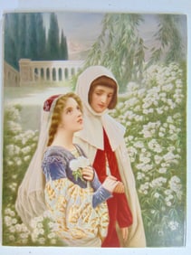 KPM Porcelain plaque, Prince Derur Duff de Donato & woman in cape walking in fields of flowers,