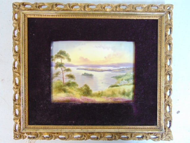 Porcelain plaque, landscape, marked Cauldon Ltd, England, porcelain is in good condition, 6" by 8",: Porcelain plaque, landscape, marked Cauldon Ltd, England, porcelain is in good condition, 6" by 8", framed size is 12" by 14 1/8"