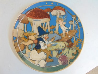 German Mettlach charger by Heinrich Schlitt, gnome & fairies on mushrooms, in good condition,