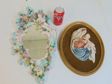 2 porcelain pieces, floral decorated candle wall sconce & Capodimonte plaque Madonna with child,