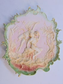 German art nouveau bisque porcelain plaque, Volkstedt region, in pink & green hues, 13" by 11", one