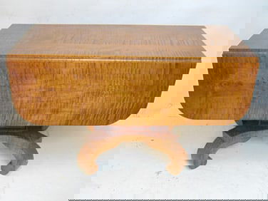 Empire tiger maple drop leaf table, table is 42" by 18" with leaves down, 42" by 42 5/8", height is