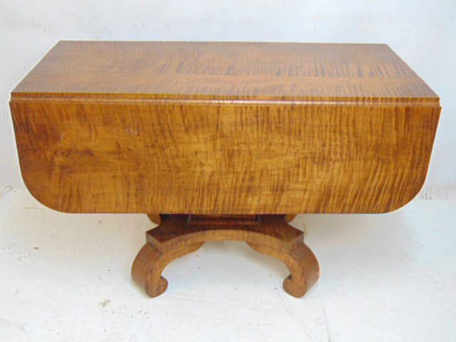 Empire tiger maple drop leaf table, table is 42" by 18" with leaves down, 42" by 42 5/8", height is: Empire tiger maple drop leaf table, table is 42" by 18" with leaves down, 42" by 42 5/8", height is 26.25"